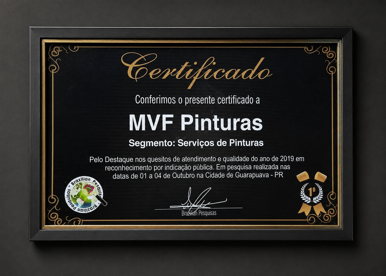 Certificado de destaque em atendimento e qualidade recebido pela MVF Pinturas