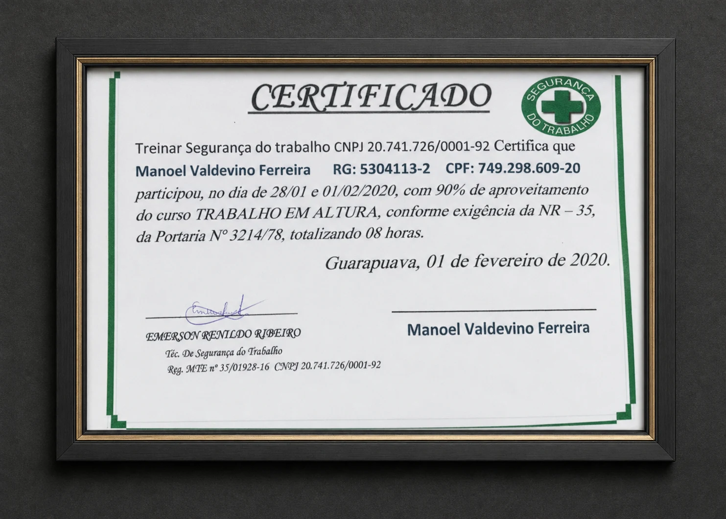 Quarto certificado de reconhecimento da MVF Pinturas